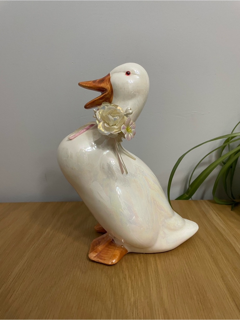 Vintage Ceramic Lustreware Kitchen Goose Figurine with Flower Ribbon Accent